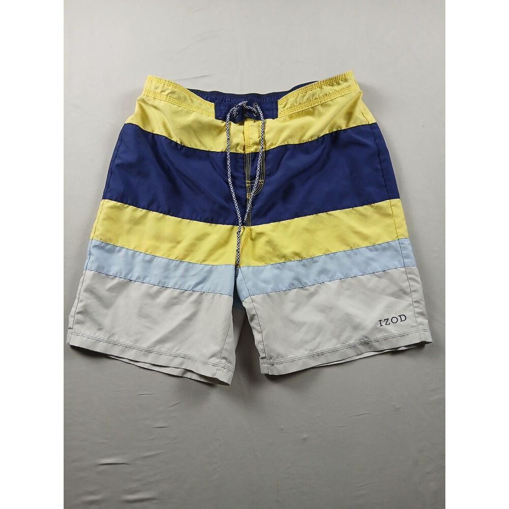 IZOD Mens Size Large Swim Trunks Board Shorts Color Block Yellow Navy Mesh Lined